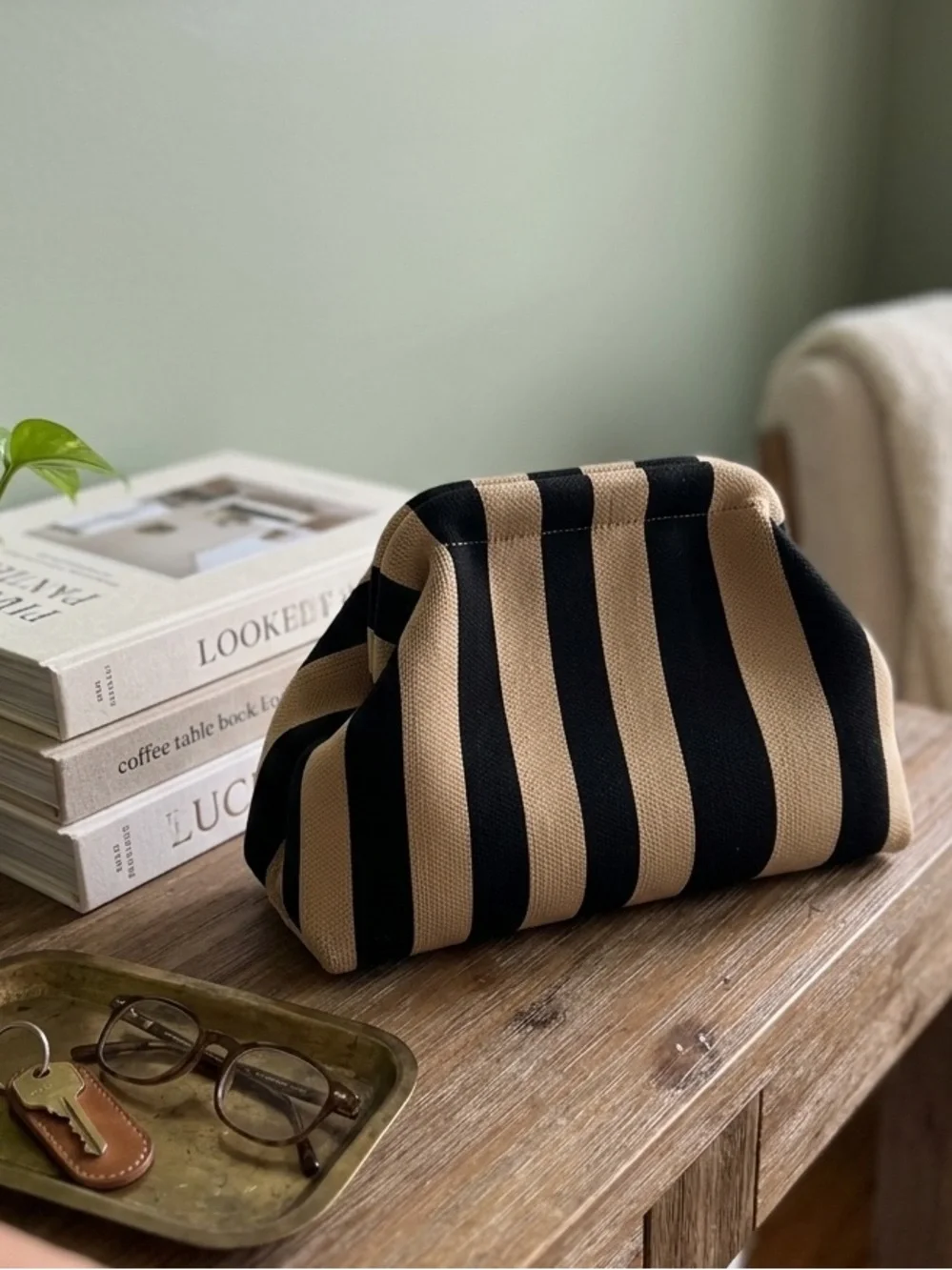 Striped Knit Clutch Bag in Black and Tan - Picture 2 of 2